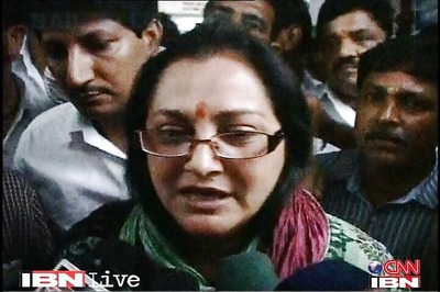 UP: Jaya Prada slips while climbing the dais