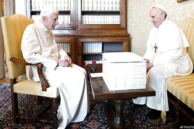 Pope Francis meets Benedict, tells him 'we're brothers'