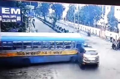 Caught on Cam: Speeding Bus Rams Car, Keels Over in Kolkata; 10 Injured