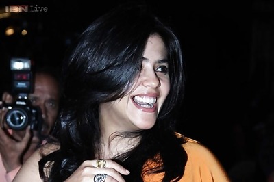 Snapshot: Ekta Kapoor's fashion 'facepalm'  moment in a yellow-magenta saree gown