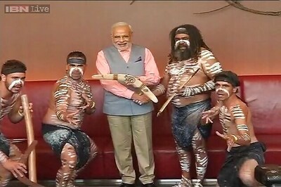 Prime Minister Narendra Modi receives boomerang from aboriginal dancers